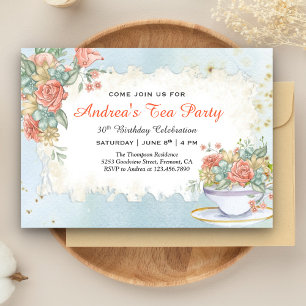 Invitation Fête de thé d'anniversaire florale pastel rustique