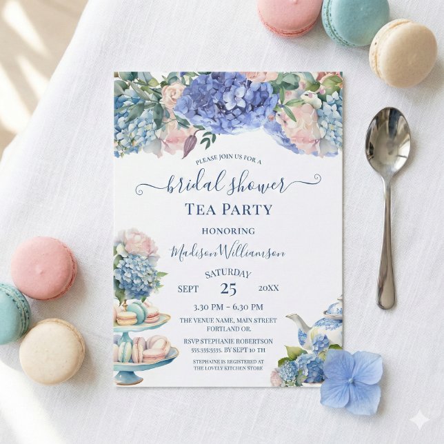 Invitation Fête de thé de douche de mariée d'Hydrangea bleue  (Créateur téléchargé)