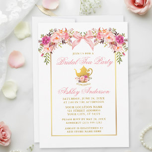 Invitation Fête de thé de mariage aux roses aquarelles et nœu