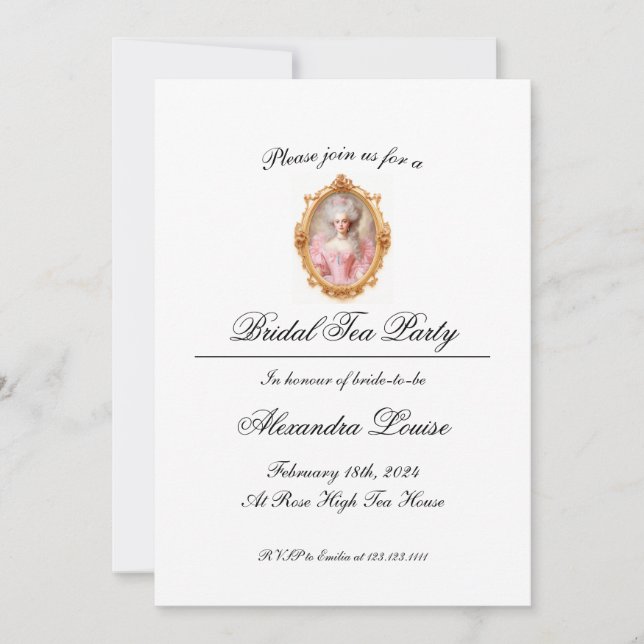 Invitation Fête de Thé de Mariée Marie Antoinette Baroque Roc (Devant)