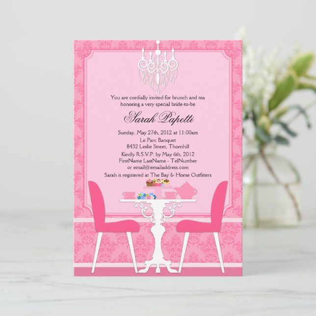 Invitation Fête de thé de mariée sur mesure Damas et lustre (Debout devant)
