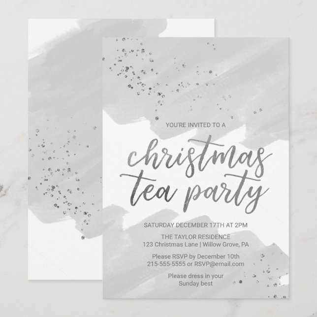 Invitation Fête de thé de Noël à l'aquarelle d'argent (Devant / Derrière)