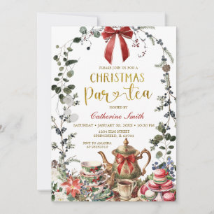 Invitation Fête de thé de Noël avec ruban rouge et verdure hi