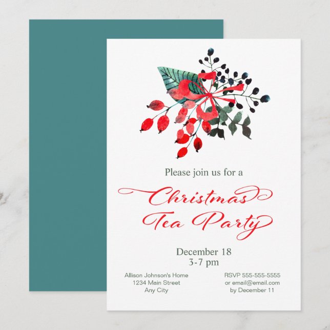 Invitation Fête de thé de Noël Fleurs de baies d'hiver (Devant / Derrière)