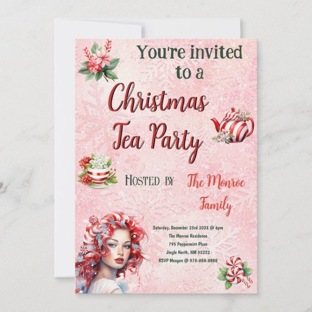 Invitation Fête de thé de Noël Peppermenthe Pink Snowflake (Devant)