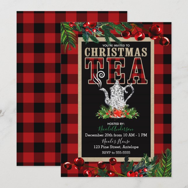 Invitation Fête de thé de Noël Russe Rouge noir Buffalo plaqu (Devant / Derrière)