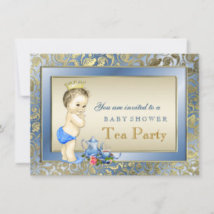 Invitation Fête de thé élégante bleue et dorée pour garçons B
