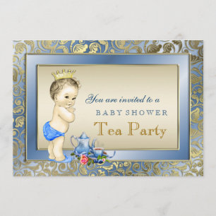 Invitation Fête de thé élégante bleue et dorée pour garçons B