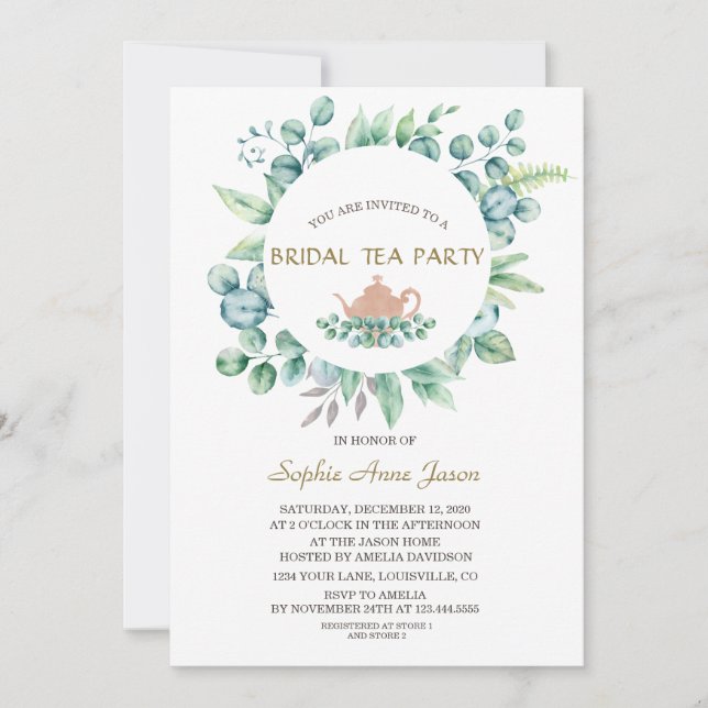 Invitation Fête de thé Eucalyptus à l'eau luxuriante (Devant)