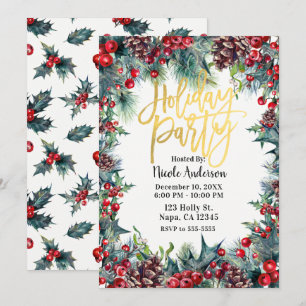 Invitation Fête de vacances d'hiver Noël houx et pommes de pi