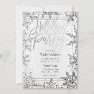 Invitation FÊTE DE VACANCES Flammes de neige en argent Script