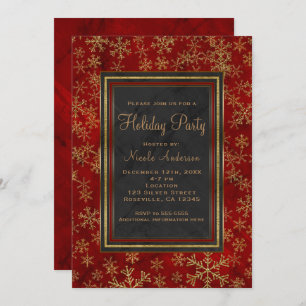 Invitation Fête de vacances Marbre rouge Gold Snowflakes élég