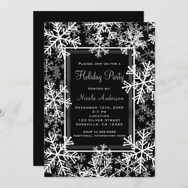 Invitation Fête de Vacances Moderne Black & White Snowflakes (Devant / Derrière)