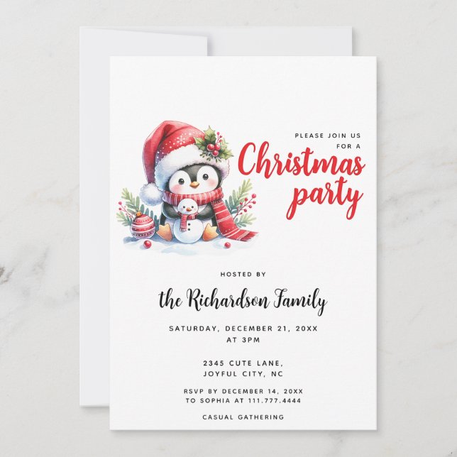 Invitation Fête de Vacances Moderne Cute Penguin Noël (Devant)
