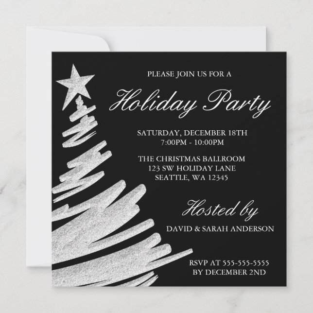 Invitation Fête de vacances noire et argentée d'arbre de Noël (Devant)