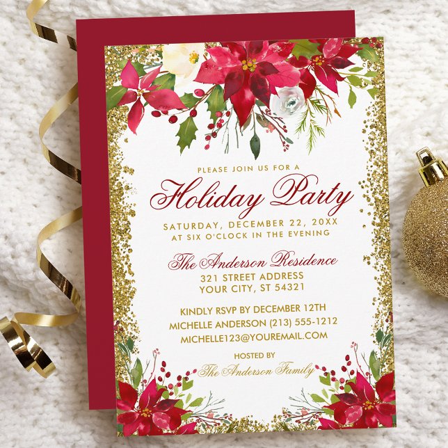 Invitation Fête de vacances Parties scintillant Rouge or Poin (Customize to change text color, size, style or to change color of back of card.)