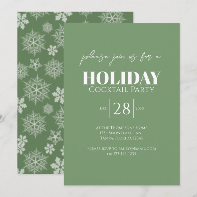 Invitation Fête de vacances simple verte flocon de neige (Devant / Derrière)