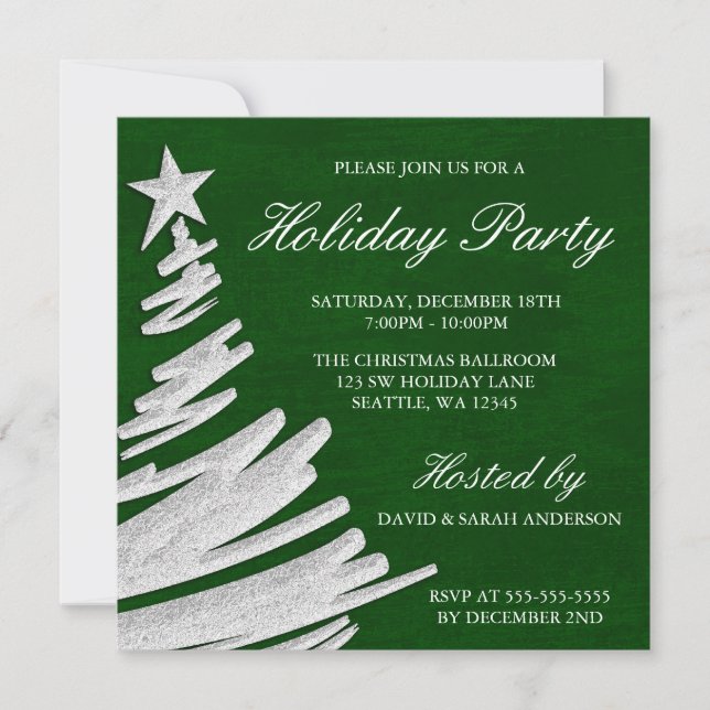 Invitation Fête de vacances verte et argentée d'arbre de Noël (Devant)