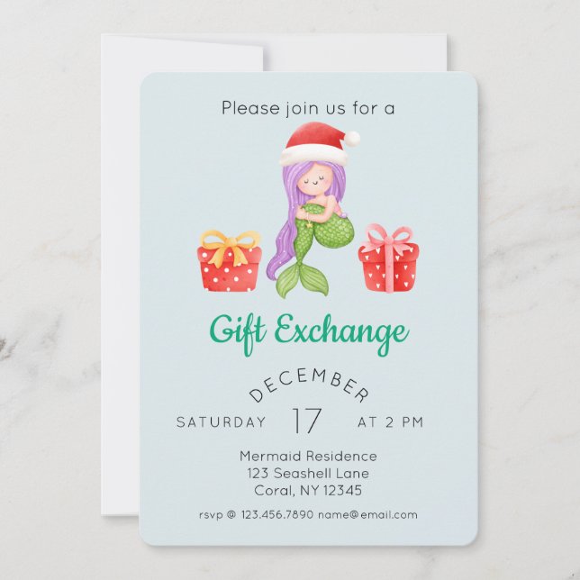 Invitation Fête d'échange cadeau de Noël de sirène d'aquarell (Devant)