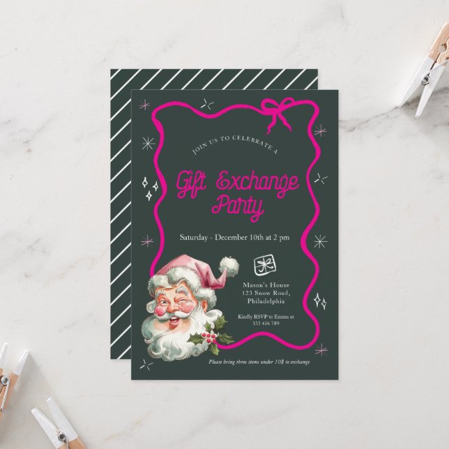 Invitation Fête d'échange cadeau de Noël rose (Devant/Arrière en situation)