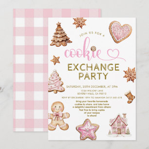 Invitation Fête d'échange de biscuits de Noël rose mignonne
