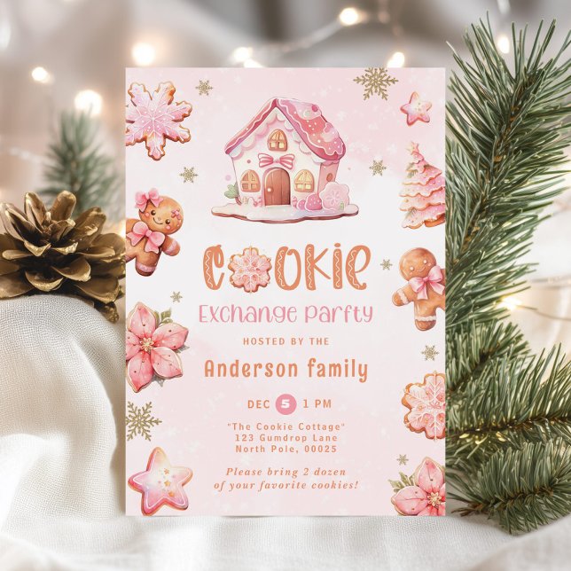 Invitation Fête d'échange de biscuits Noël pain d'épices rose (Créateur téléchargé)