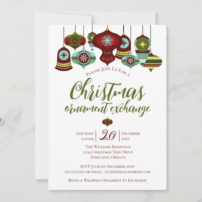 Invitation Fête d'échange d'ornement Rétro Noël Bauble (Devant)
