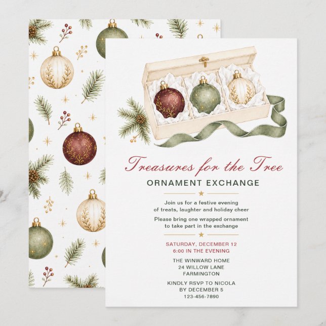 Invitation Fête d'échange d'ornements de Noël (Devant / Derrière)