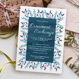 Invitation Fête d'échange d'ornements de Noël Bleu Aquarelle