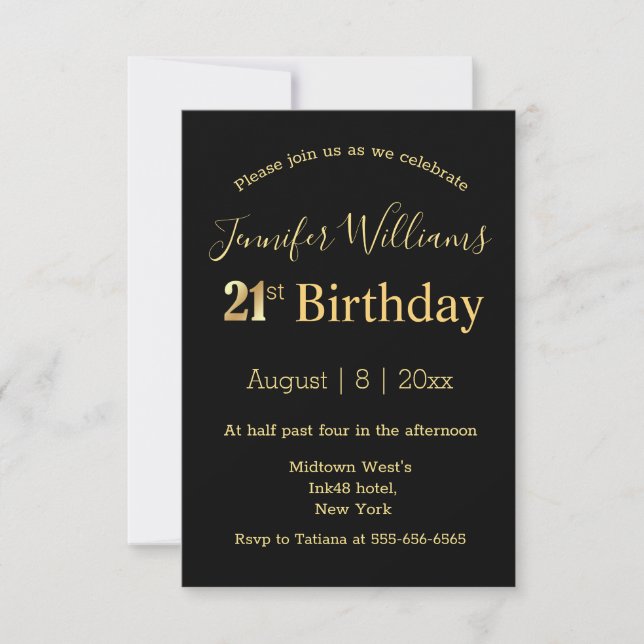 Invitation fête d'écriture en or noir 21e anniversaire (Devant)