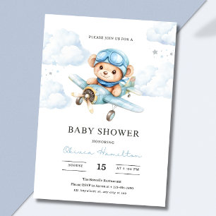 Invitation Fête d'enfant Ourson en avion à l'aquarelle