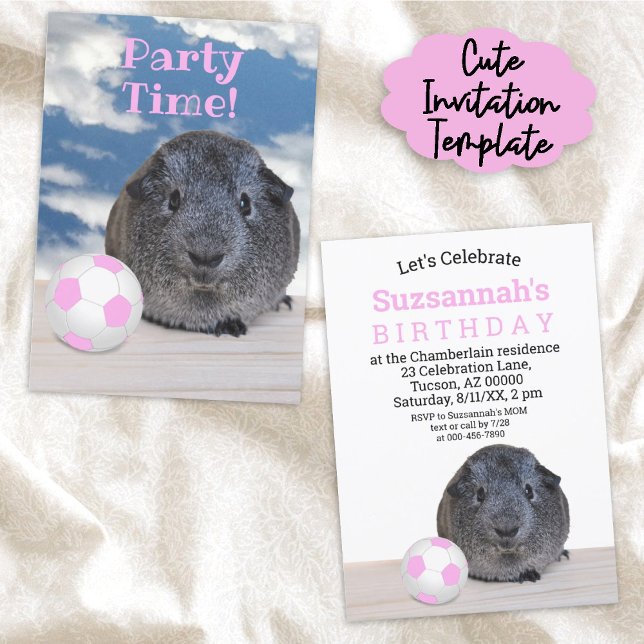 Invitation Fête d'enfant rose blanc de football balle Guinée  (This easy to personalize cute guinea pig birthday invitation is ready here in print form. )
