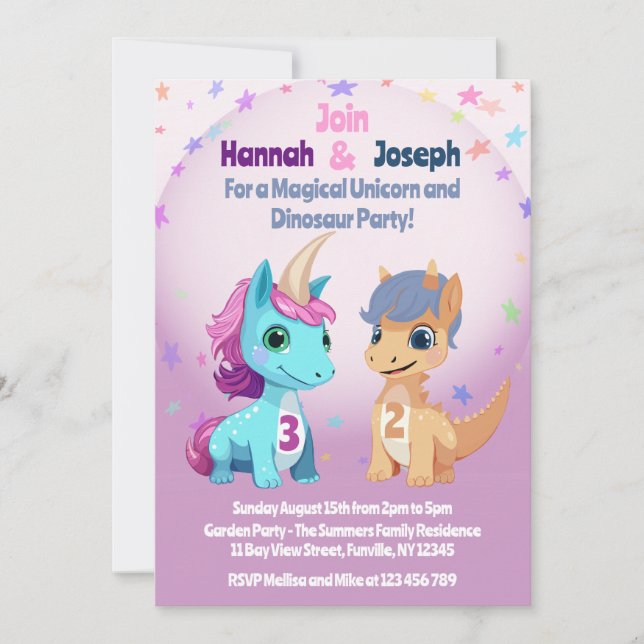 Invitation Fête d'enfants Licorne et Dinosaure (Devant)