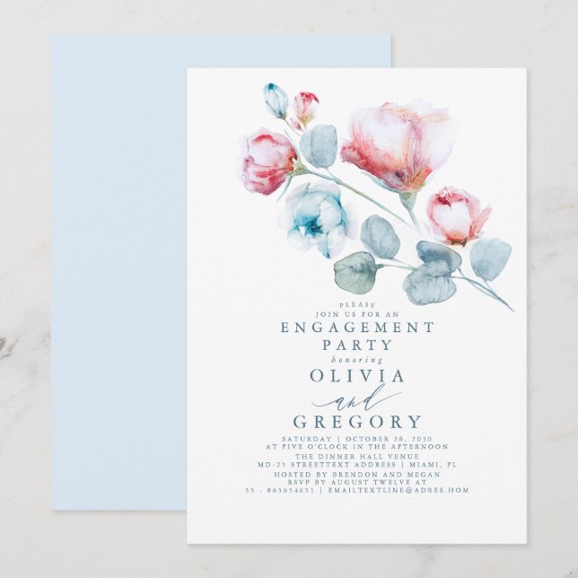 Invitation Fête d'engagement bleu et rose (Devant / Derrière)