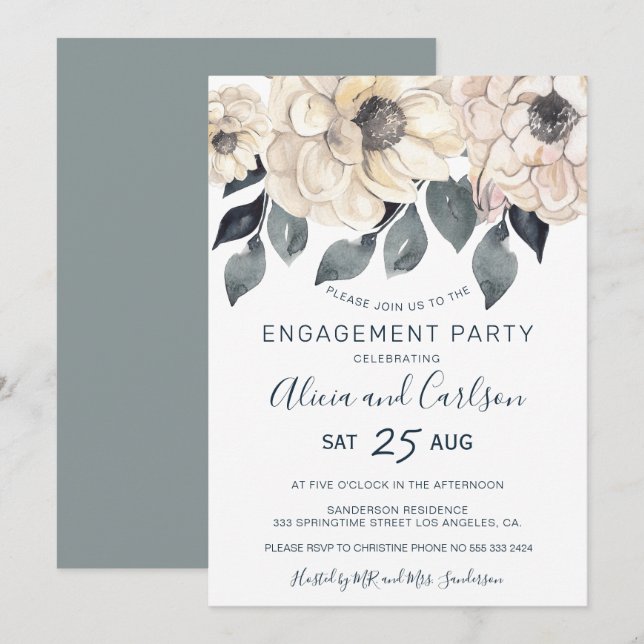 Invitation Fête d'engagement de calligraphie florale rustique (Devant / Derrière)