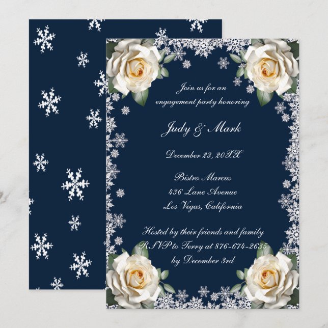 Invitation Fête d'engagement de Noël aux Roses blanches (Devant / Derrière)