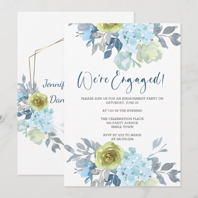 Invitation Fête d'engagement Floral Vert Jaune clair (Devant / Derrière)