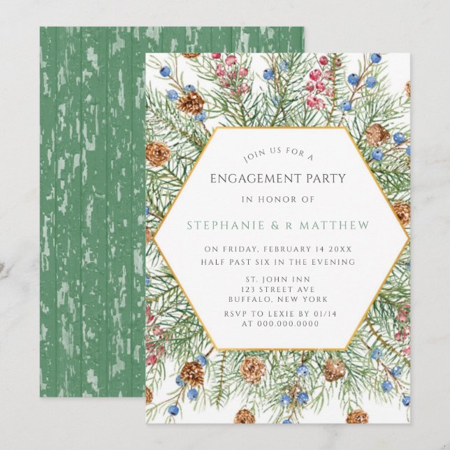 Invitation Fête d'engagement Gold Pine de Noël (Devant / Derrière)