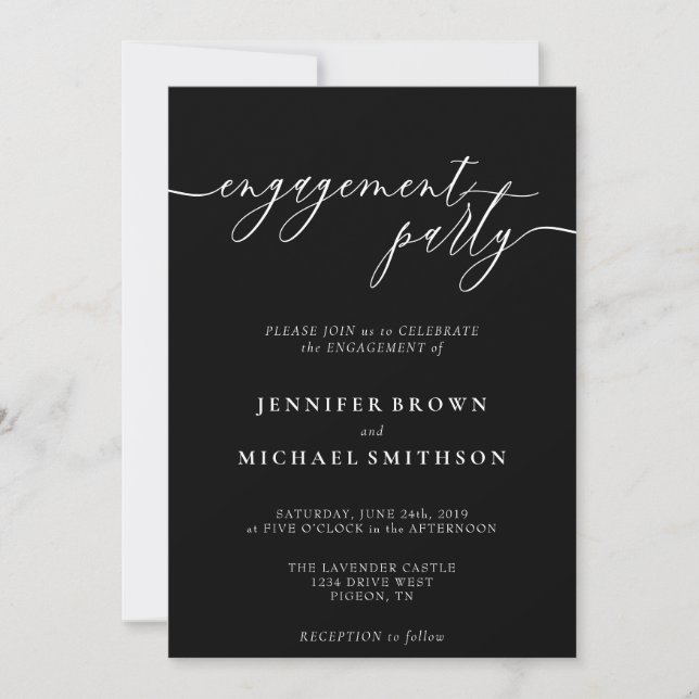 Invitation Fête d'engagement minimaliste Black Modern (Devant)