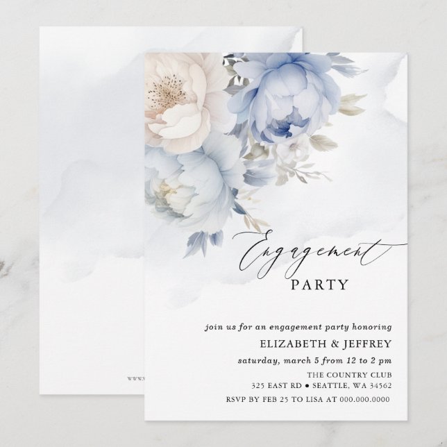 Invitation Fête d'engagement moderne Elégante Dusty Blue Flor (Devant / Derrière)