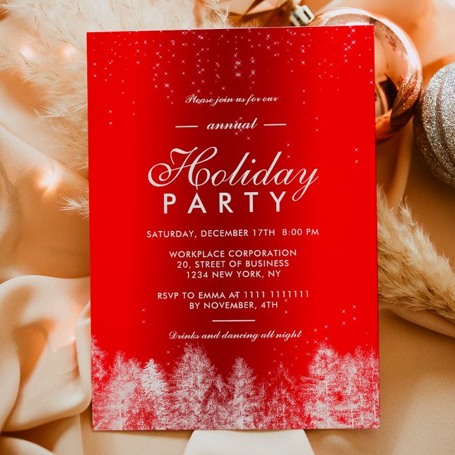 Invitation Fête d'entreprise de l'hiver métallique rouge mous (Snow sparkle red metallic winter corporate holiday invitation)