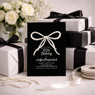 Invitation Fête des 100 ans Anniversaire Noir Blanc Perle Nœu