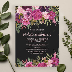 Invitation Fête des 100 ans Black Pink Purple Floral Glitter