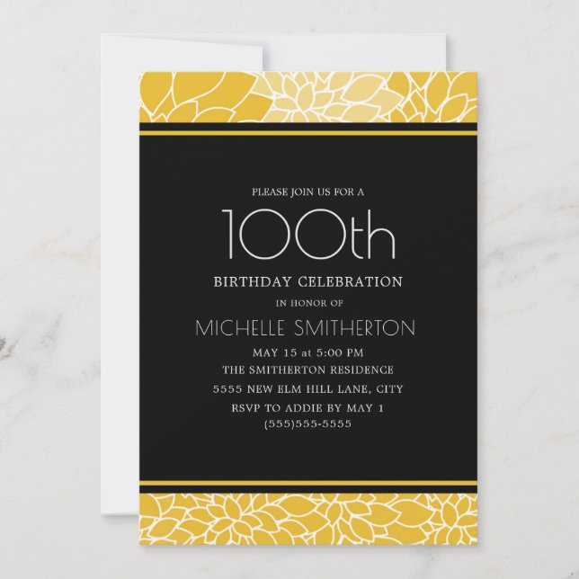 Invitation Fête des 100 ans Fleurs jaunes blanches noires (Devant)