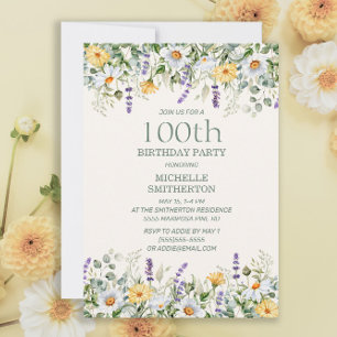 Invitation Fête des 100 ans Marguerites Lavande Fleurs Jaunes