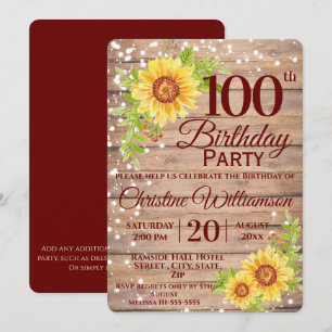 Invitation Fête des 100 ans Rustique Floral Tournesol