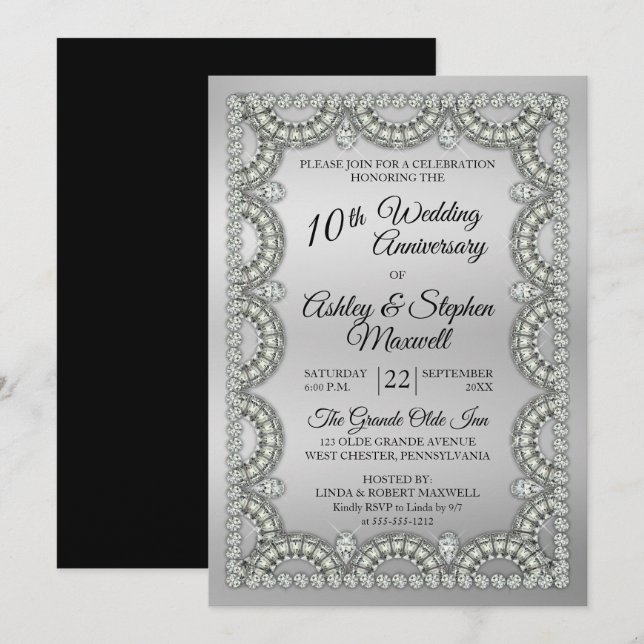 Invitation Fête des 10 ans de mariage Argent et Diamant (Devant / Derrière)