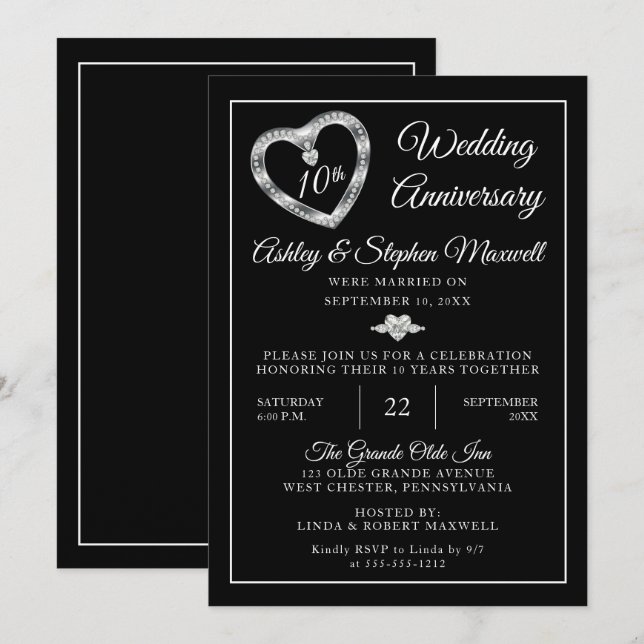 Invitation Fête des 10 ans de mariage Heart Diamonds (Devant / Derrière)