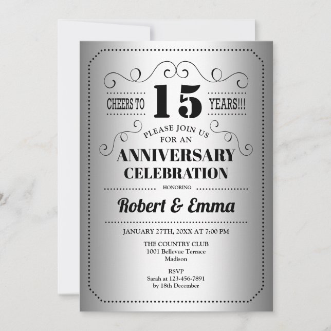 Invitation Fête des 15 ans de mariage - Argent Noir (Devant)