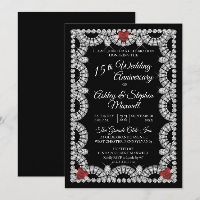 Invitation Fête des 15 ans de mariage de Rubis et Diamant (Devant / Derrière)